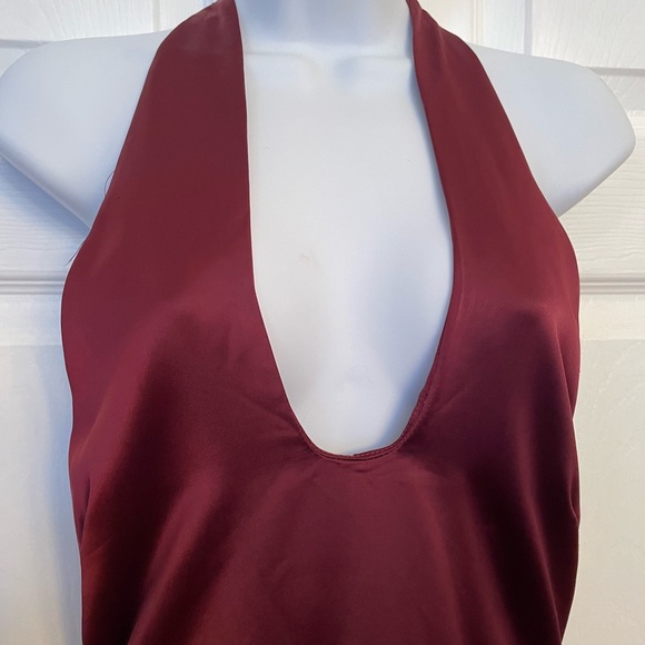 JASON WU Satin MIDI Dress Plunging U Neckline Halter Burgundy Wine Sz S NWT - Picture 2 of 11